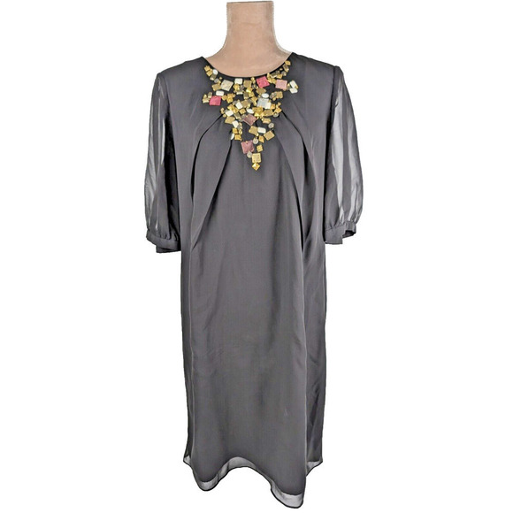ELLEN TRACY Black 100% Silk Dress Sheer Sleeve Embellished Neckline Chiffon 14 - Picture 1 of 10
